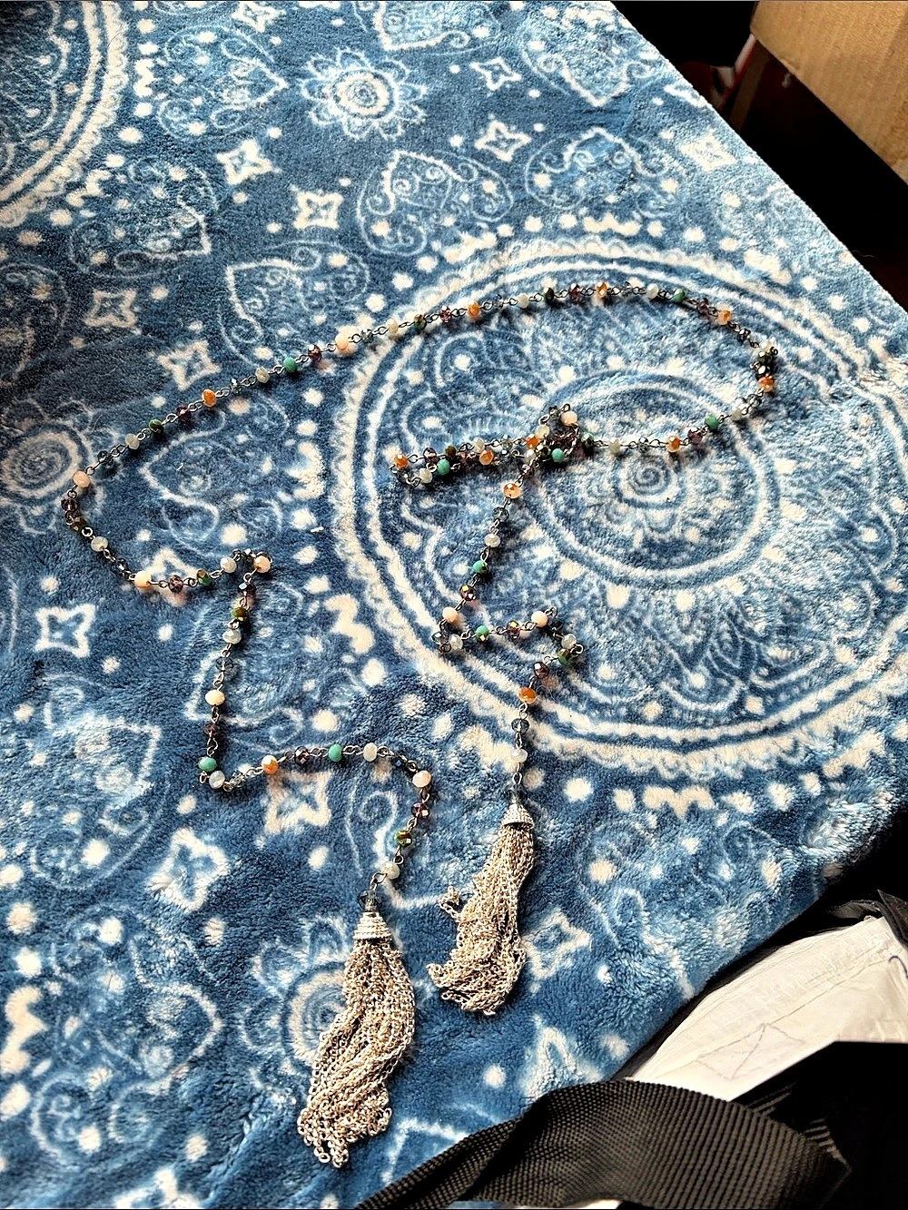 Beaded Tassel Necklace in Blue & Silver